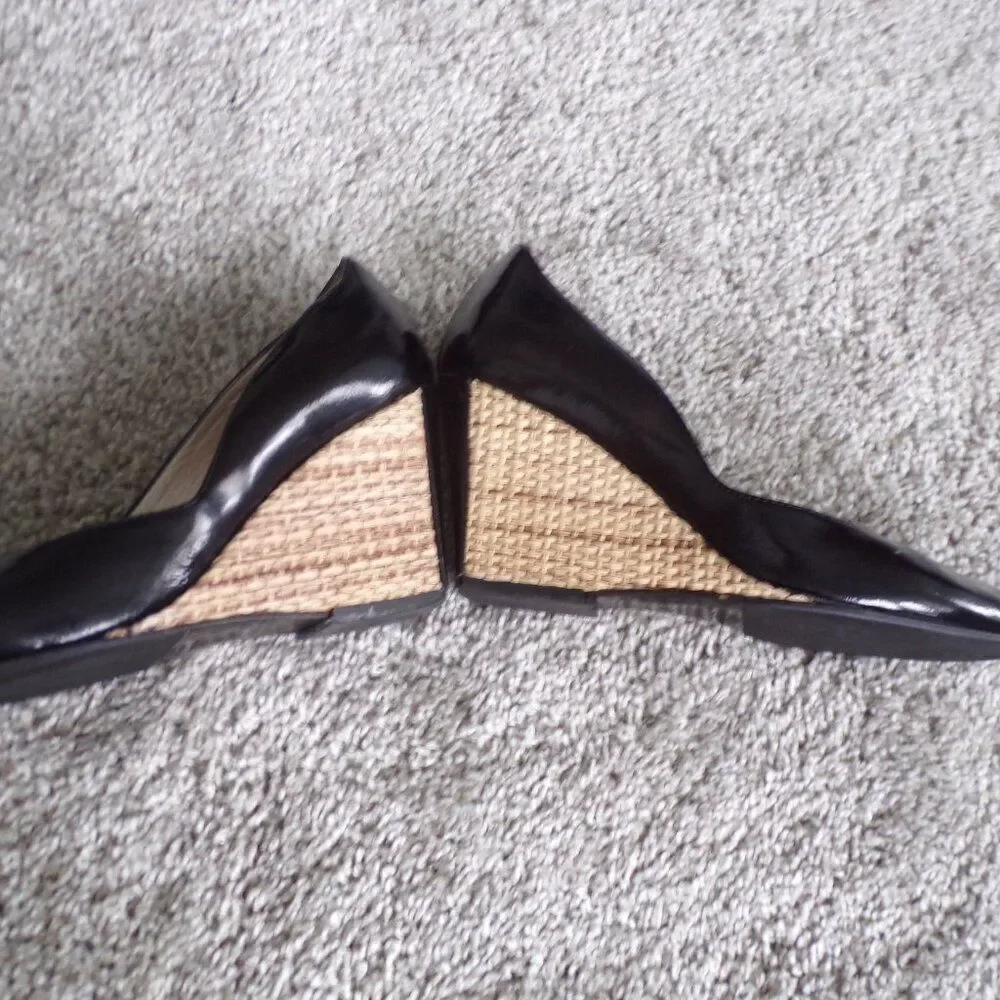 Aquatalia black patent leather peep toe wedges 6